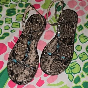 Jessica Simpson Snakeskin T-Strap Sandals with Turquoise Beads